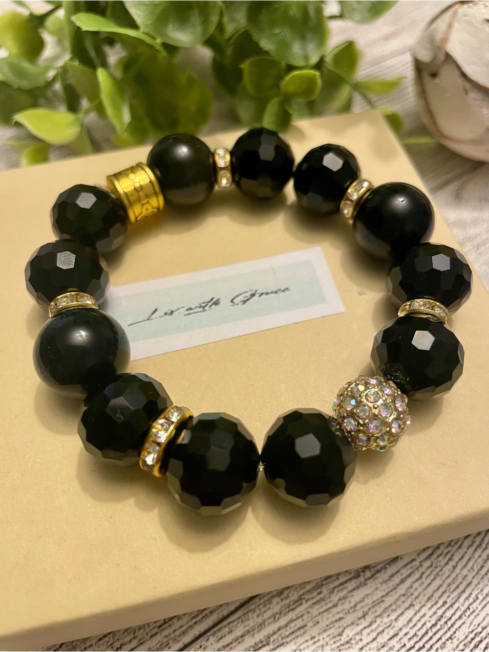 Black Crystal and Onyx 14mm Bracelet with Gold and cz Accents handmade stretch